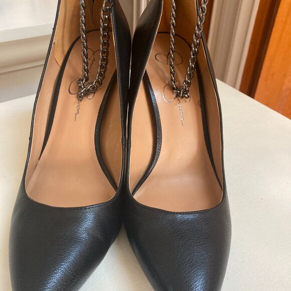 Jessica Simpson Zipper Pointed Toe Ankle Chain Strap Heels Color Black Size 9.5 - Picture 2 of 8